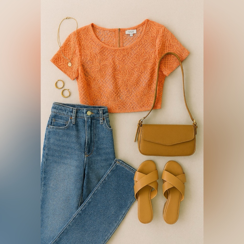 NWOT Tea & Cup Los Angeles Coral Neon Orange Lace Short Sleeve Crop Top